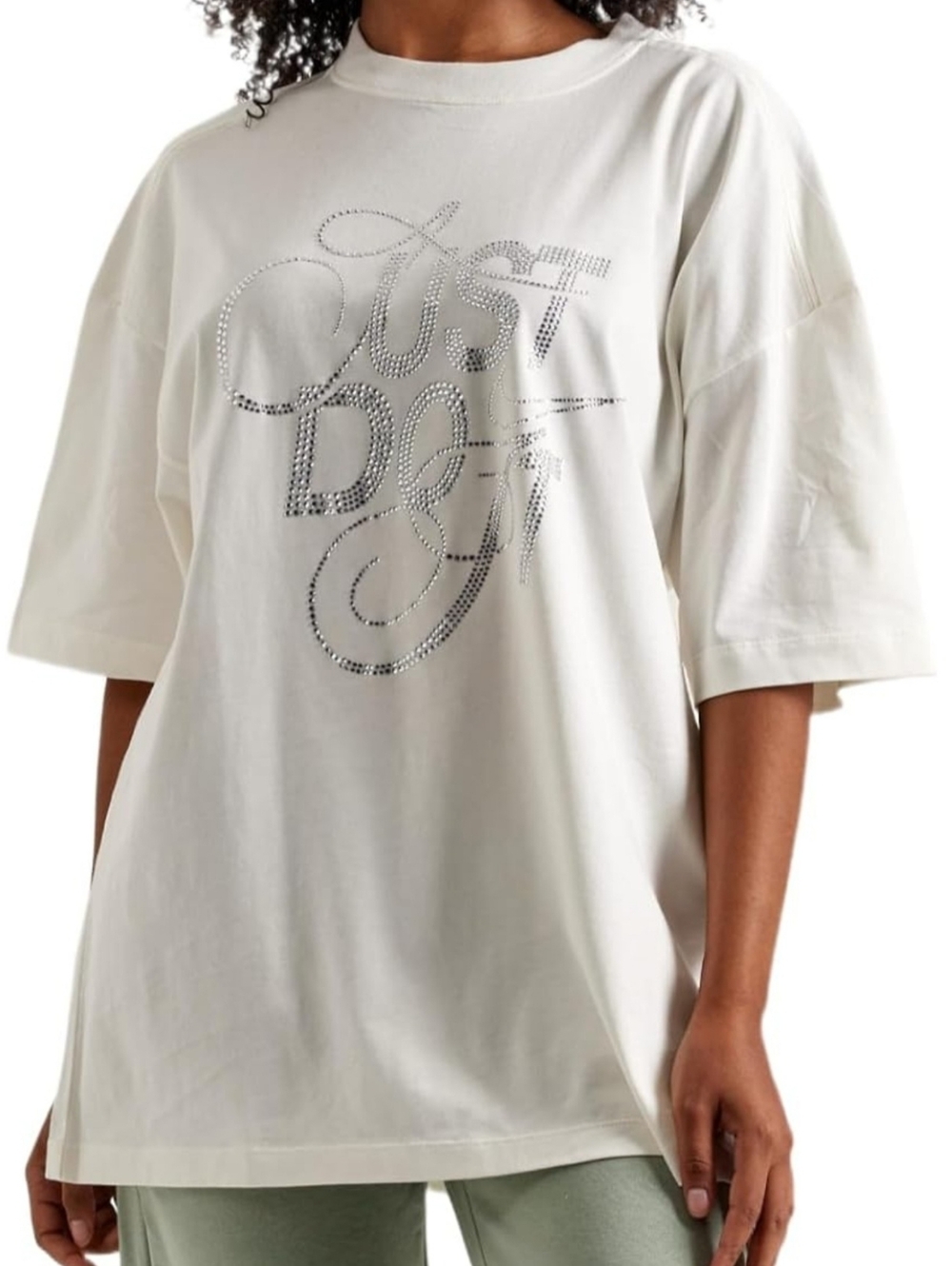 * Nike Womens Rhinestones 'Just Do It' Oversized Graphic Tee T-shirt Cream Large